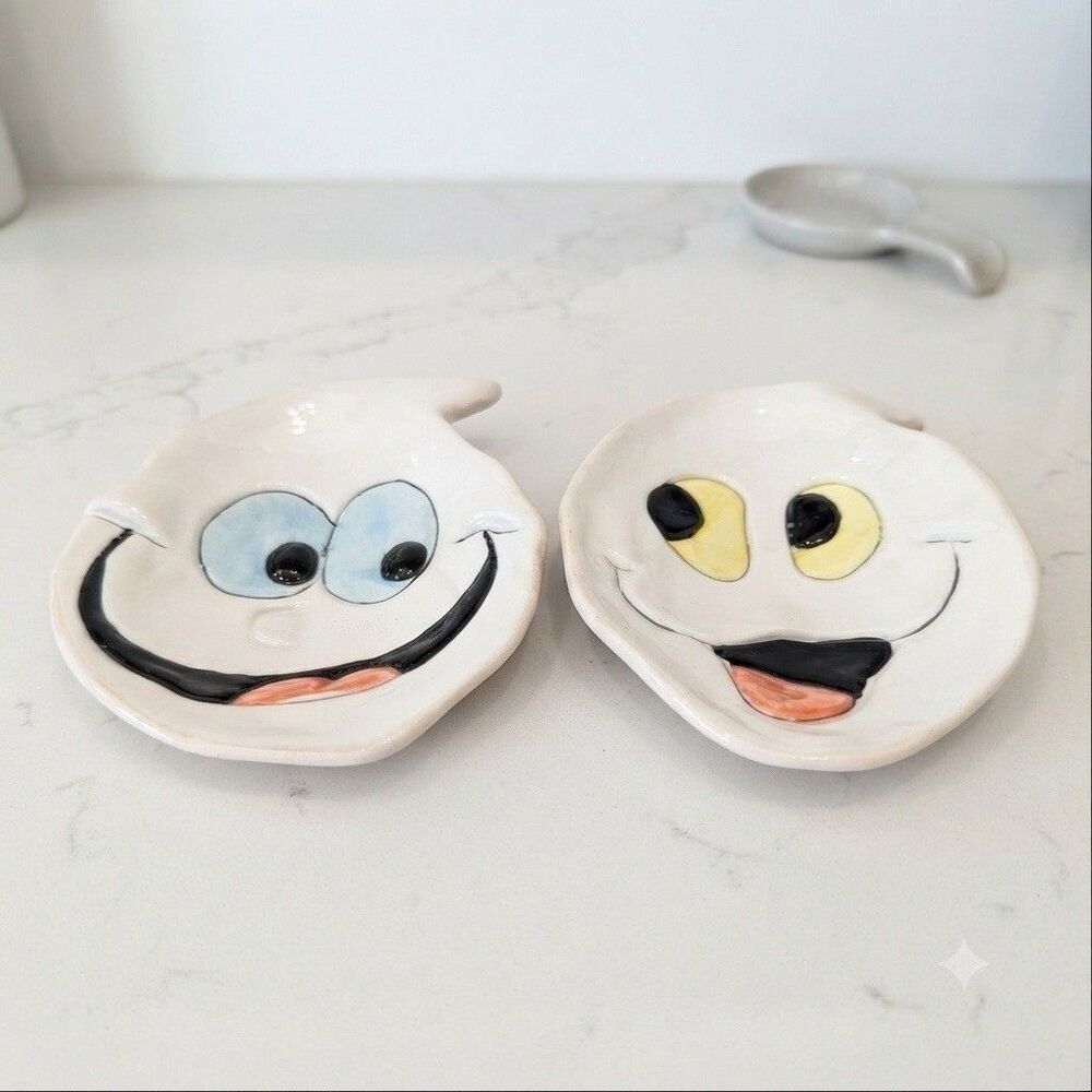 Handmade Ceramic Ghost Dish Set 2 Cute Spooky Halloween Trays Soap Trinket Bowl